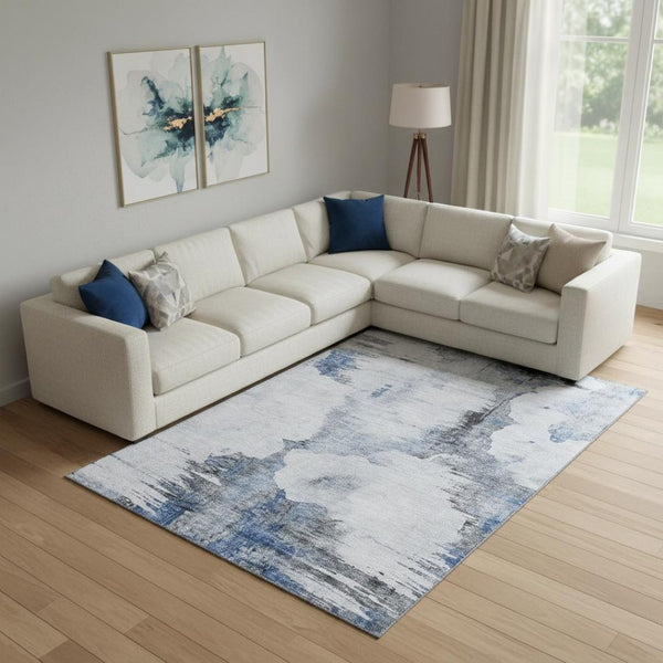HomeRoots 10' X 14' Washable Blue Gray & Ivory Abstract Area Rug – UV Protected, Durable, Stylish for Any Room 657215