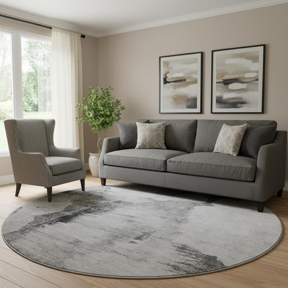 HomeRoots 8' Gray and Silver Abstract Round Washable Rug – Durable, Stylish, UV-Protected for Modern Spaces 657218
