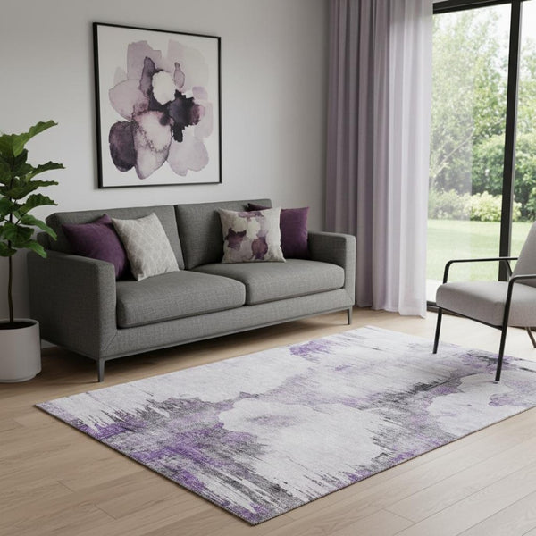 HomeRoots 5' X 8' Washable Abstract Area Rug in Purple, Gray & Ivory - Durable, UV-Protected & Stylish Home Decor 657223