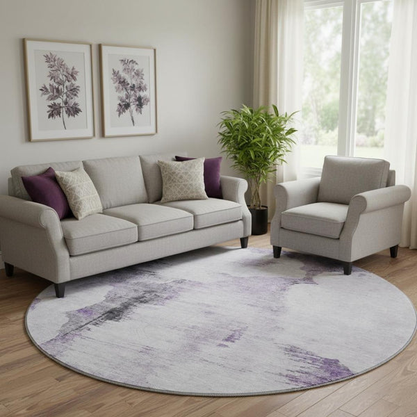HomeRoots 8' Washable Round Rug in Purple, Gray & Ivory - UV Protected, Durable Design for Homes with Kids & Pets 657224