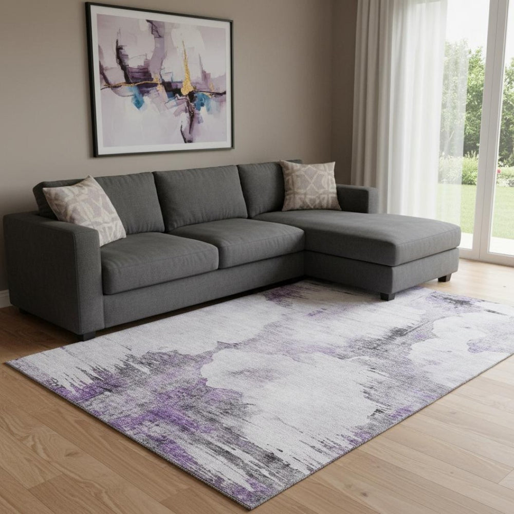 HomeRoots 9' X 12' Abstract Washable Area Rug in Purple, Gray & Ivory – UV Protected, Stain Resistant & Durable! 657226