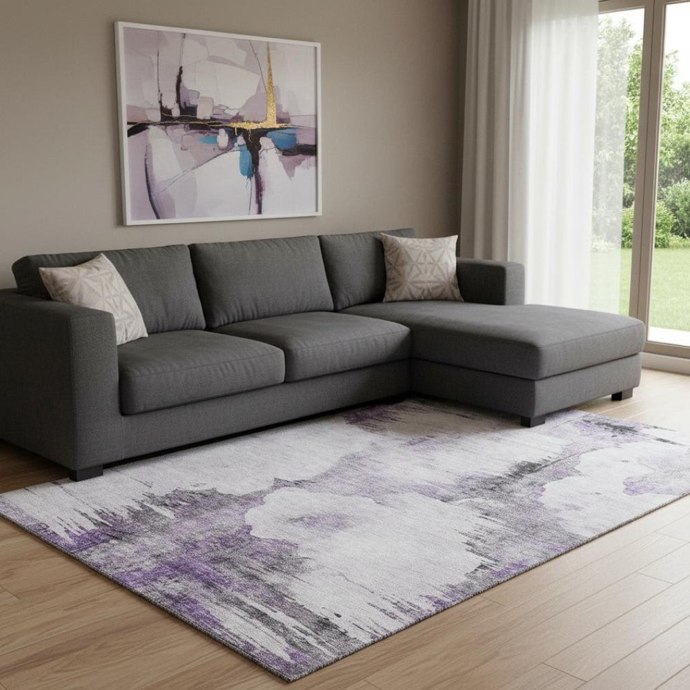 HomeRoots 10' Contemporary Abstract Purple Gray Ivory Washable Area Rug - Durable, Stain Resistant & UV Protected 657227