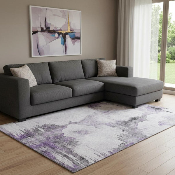 HomeRoots 10' Contemporary Abstract Purple Gray Ivory Washable Area Rug - Durable, Stain Resistant & UV Protected 657227