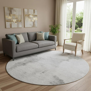 HomeRoots 8' Silver Gray and Pewter Abstract Round Rug - Durable, Washable, UV-Protected for Modern Homes 657230
