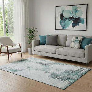 HomeRoots 5' X 8' Abstract Teal Gray Ivory Rug - Washable, UV Protected, Durable Design for Any Space! 657235