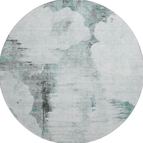 HomeRoots 8' Teal Gray & Ivory Abstract Washable Round Rug - UV Protected, Durable, Modern Design for Home Decor 657236