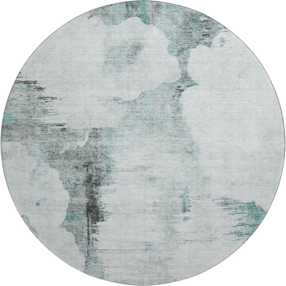 HomeRoots 8' Teal Gray & Ivory Abstract Washable Round Rug - UV Protected, Durable, Modern Design for Home Decor 657236