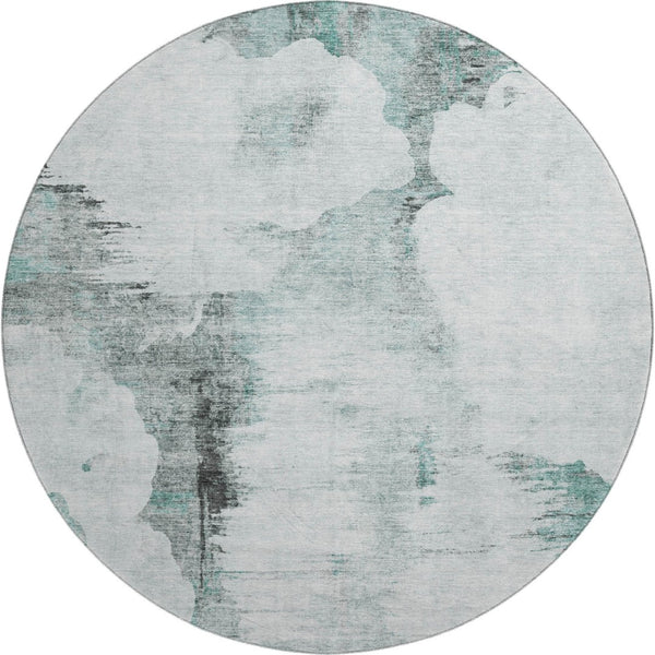 HomeRoots 8' Teal Gray & Ivory Abstract Washable Round Rug - UV Protected, Durable, Modern Design for Home Decor 657236