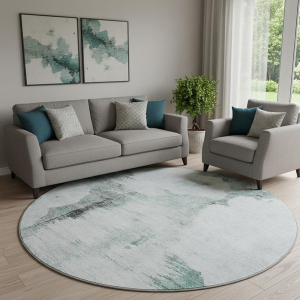 HomeRoots 8' Teal Gray & Ivory Abstract Washable Round Rug - UV Protected, Durable, Modern Design for Home Decor 657236