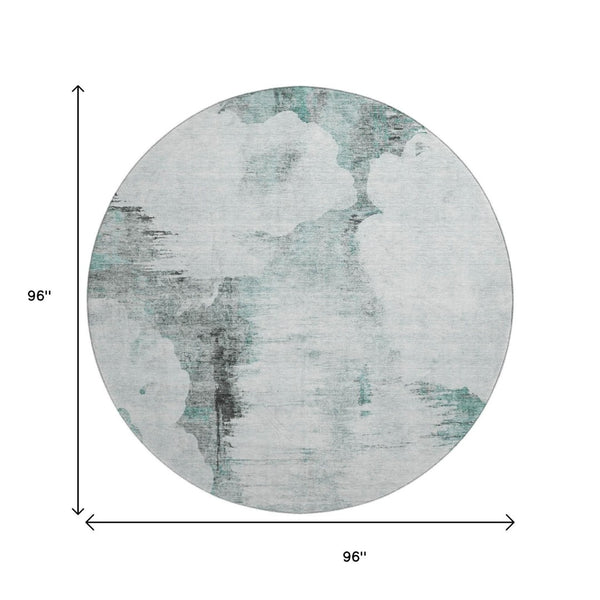 HomeRoots 8' Teal Gray & Ivory Abstract Washable Round Rug - UV Protected, Durable, Modern Design for Home Decor 657236