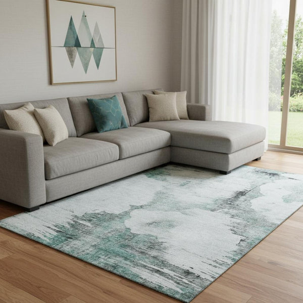HomeRoots 8' X 10' Teal Gray Ivory Abstract Washable Area Rug - Durable, Stylish, UV Protected for Modern Homes 657237