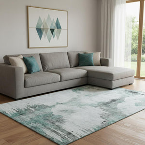 HomeRoots 9' X 12' Teal Gray Ivory Abstract Washable Area Rug - Durable, Stylish & UV Protected for Homes 657238