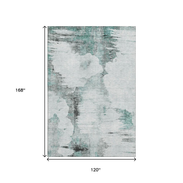 HomeRoots 10' X 14' Stylish Teal Gray Ivory Abstract Washable Rug - Durable, Stain-Resistant & UV Protected! 657239