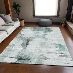 HomeRoots 10' X 14' Stylish Teal Gray Ivory Abstract Washable Rug - Durable, Stain-Resistant & UV Protected! 657239