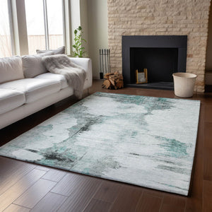 HomeRoots 10' X 14' Stylish Teal Gray Ivory Abstract Washable Rug - Durable, Stain-Resistant & UV Protected! 657239