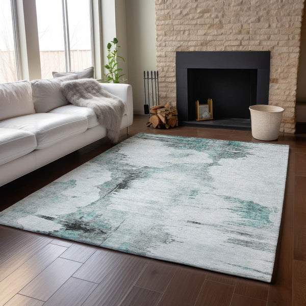 HomeRoots 10' X 14' Stylish Teal Gray Ivory Abstract Washable Rug - Durable, Stain-Resistant & UV Protected! 657239