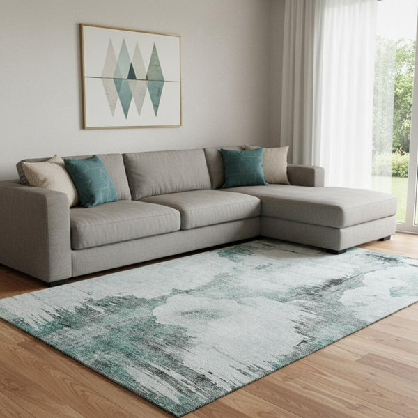 HomeRoots 10' X 14' Stylish Teal Gray Ivory Abstract Washable Rug - Durable, Stain-Resistant & UV Protected! 657239