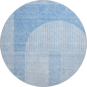 HomeRoots 8' Blue And Ivory Geometric Round Rug - Washable, UV Protected, Stain-Resistant for Modern Spaces 657248