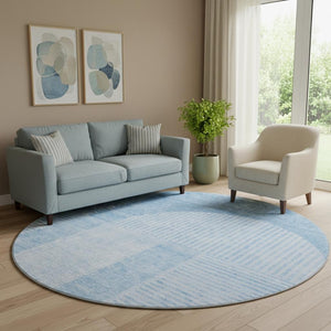 HomeRoots 8' Blue And Ivory Geometric Round Rug - Washable, UV Protected, Stain-Resistant for Modern Spaces 657248