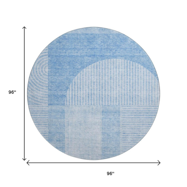 HomeRoots 8' Blue And Ivory Geometric Round Rug - Washable, UV Protected, Stain-Resistant for Modern Spaces 657248