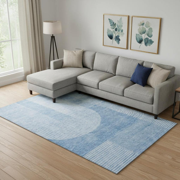 HomeRoots 8' X 10' Blue and Ivory Geometric Area Rug – Stylish, Washable, UV-Protected for High-Traffic Spaces 657249