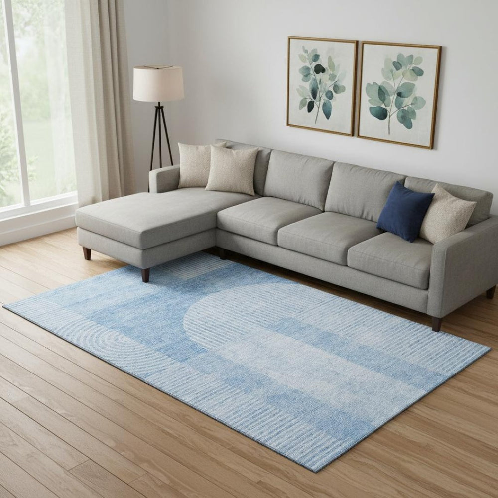 HomeRoots 9' X 12' Stylish Blue & Ivory Geometric Washable Area Rug with UV Protection for Everyday Living 657250