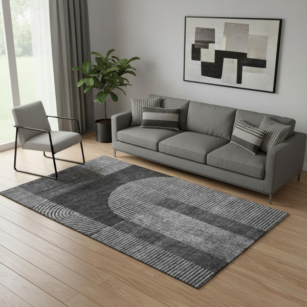 HomeRoots 5' X 8' Charcoal Ivory Geometric Area Rug - Washable, Stain-Resistant, UV Protected for Everyday Living 657253