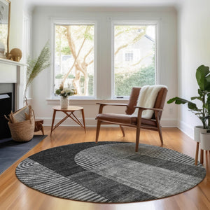 HomeRoots 8' Charcoal and Ivory Geometric Round Rug – Washable, UV Protected, Durable for High-Traffic Areas 657254