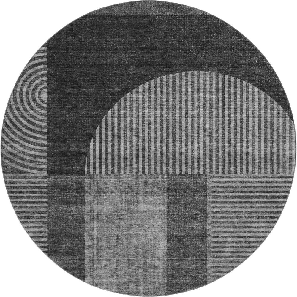HomeRoots 8' Charcoal and Ivory Geometric Round Rug – Washable, UV Protected, Durable for High-Traffic Areas 657254
