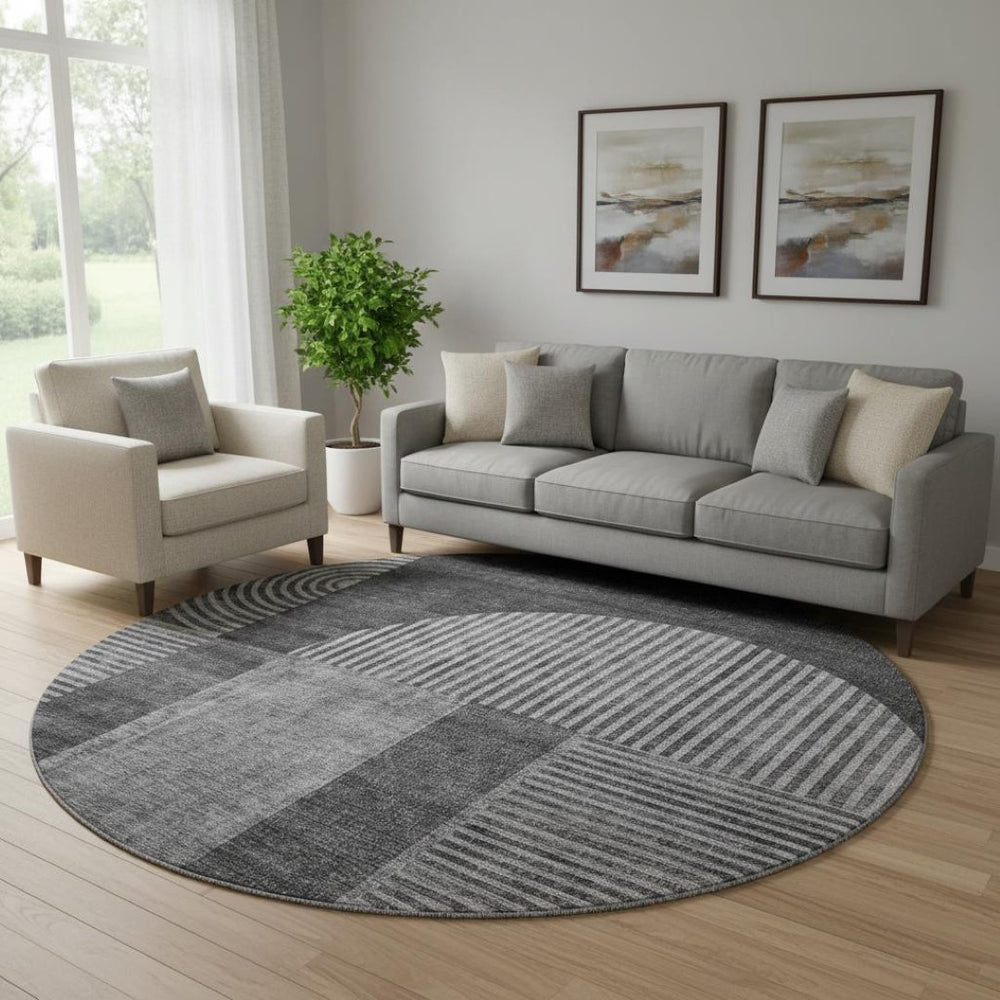 HomeRoots 8' Charcoal and Ivory Geometric Round Rug – Washable, UV Protected, Durable for High-Traffic Areas 657254