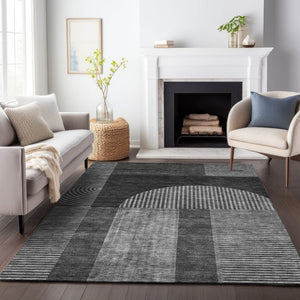 HomeRoots 8' X 10' Charcoal & Ivory Geometric Washable Area Rug - Durable, Stain-Resistant, UV Protected Design 657255