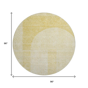 HomeRoots 8' Gold and Ivory Geometric Washable Round Rug - Stylish, Durable, UV-Protected for Modern Spaces 657260