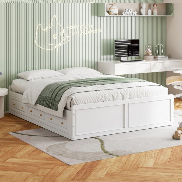 English Elm Wood Queen Platform Bed Solid Pine Frame Six Storage Drawers No Box Spring Needed White N709P241723K-1