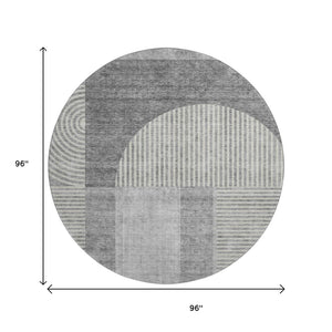 HomeRoots 8' Gray And Ivory Geometric Washable Round Rug - UV Protected, Durable, Perfect for High-Traffic Areas 657266
