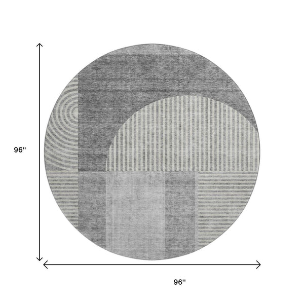 HomeRoots 8' Gray And Ivory Geometric Washable Round Rug - UV Protected, Durable, Perfect for High-Traffic Areas 657266