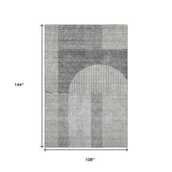 HomeRoots 9' X 12' Gray and Ivory Geometric Area Rug – Washable, Stain-Resistant, UV Protected for Easy Care! 657268