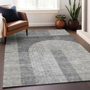 HomeRoots 9' X 12' Gray and Ivory Geometric Area Rug – Washable, Stain-Resistant, UV Protected for Easy Care! 657268