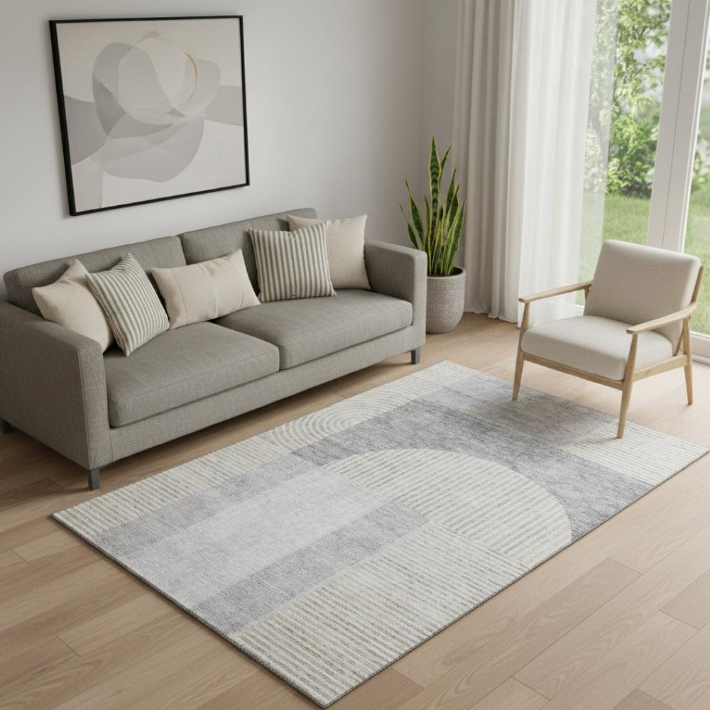 HomeRoots 5' X 8' Geometric Washable Area Rug in Silver & Gray - Durable, UV-Protected, Easy-Care Design! 657277