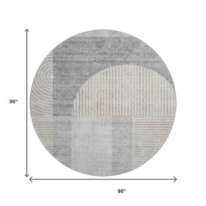 HomeRoots 8' Stylish Silver and Gray Geometric Washable Round Rug with UV Protection for High-Traffic Areas 657278