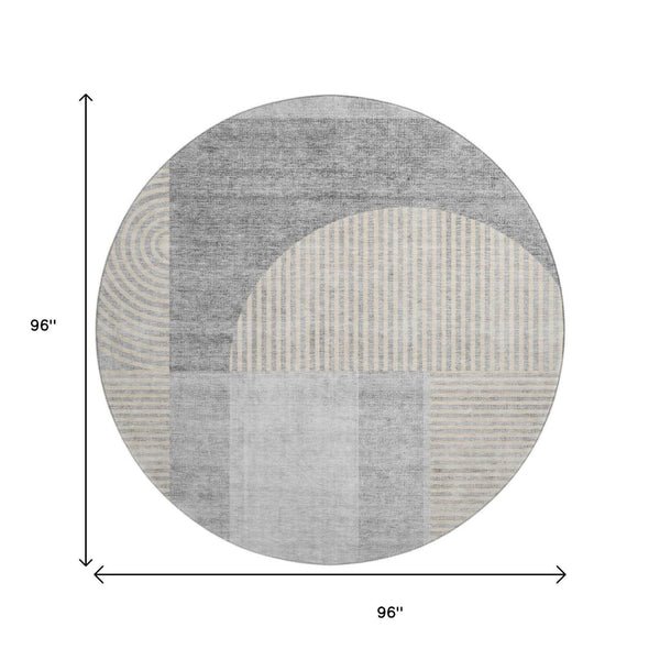 HomeRoots 8' Stylish Silver and Gray Geometric Washable Round Rug with UV Protection for High-Traffic Areas 657278
