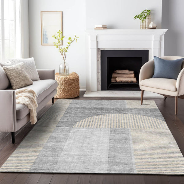 HomeRoots 8' X 10' Modern Silver and Gray Geometric Washable Area Rug with UV Protection for High-Traffic Spaces 657279