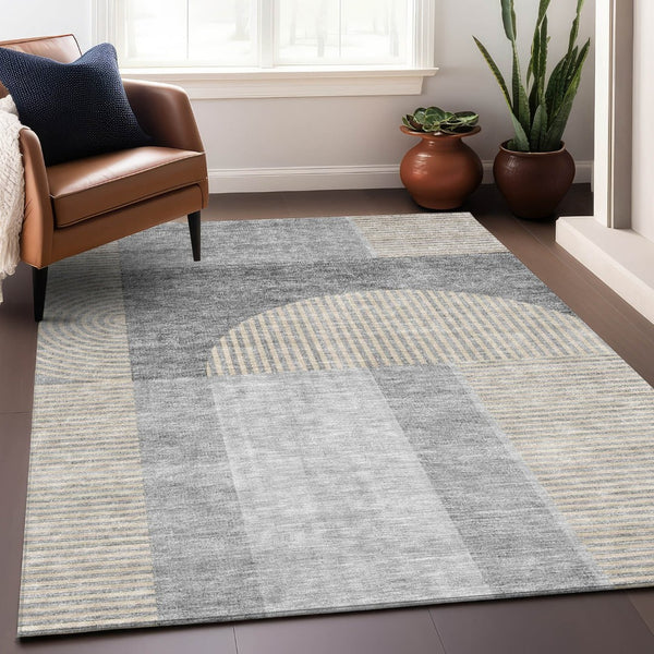 HomeRoots 9' X 12' Silver and Gray Geometric Area Rug - Washable, UV Protected, Perfect for Busy Spaces! 657280