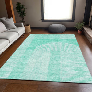 HomeRoots 5' X 8' Teal And Ivory Geometric Area Rug - Washable, UV-Protected, Stain-Resistant for High-Traffic Homes 657283