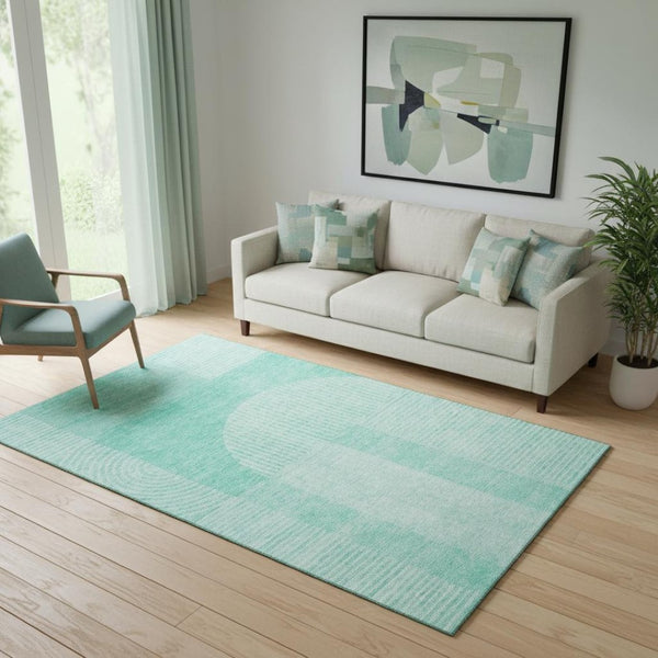 HomeRoots 5' X 8' Teal And Ivory Geometric Area Rug - Washable, UV-Protected, Stain-Resistant for High-Traffic Homes 657283