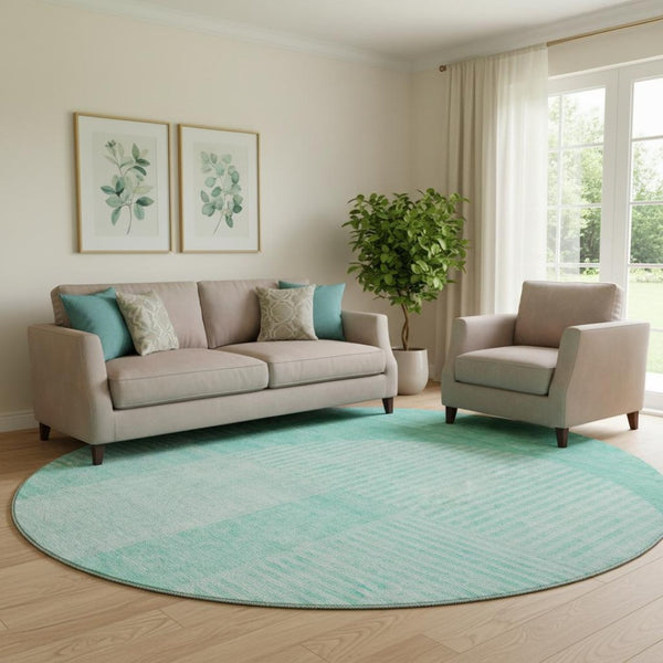 HomeRoots 8' Teal and Ivory Geometric Washable Round Rug – UV Protected, Stain Resistant, Perfect for High Traffic Areas 657284