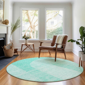 HomeRoots 8' Teal and Ivory Geometric Washable Round Rug – UV Protected, Stain Resistant, Perfect for High Traffic Areas 657284