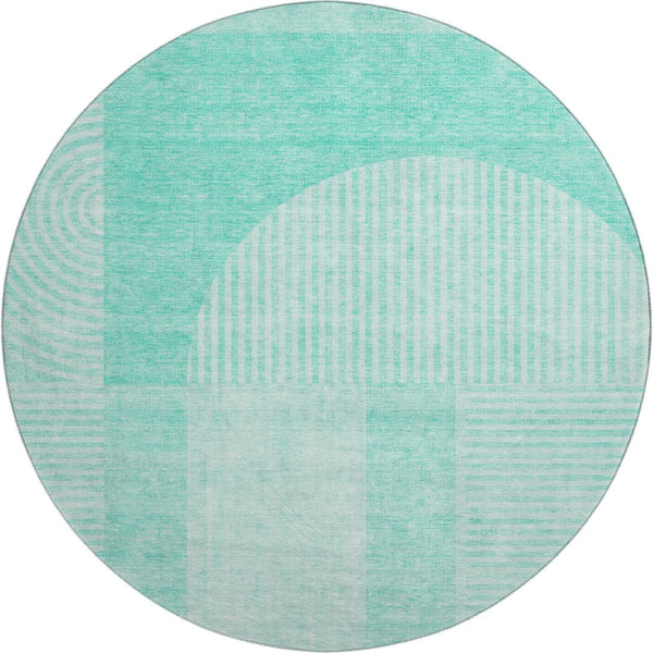 HomeRoots 8' Teal and Ivory Geometric Washable Round Rug – UV Protected, Stain Resistant, Perfect for High Traffic Areas 657284