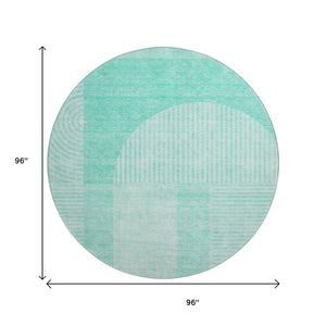 HomeRoots 8' Teal and Ivory Geometric Washable Round Rug – UV Protected, Stain Resistant, Perfect for High Traffic Areas 657284