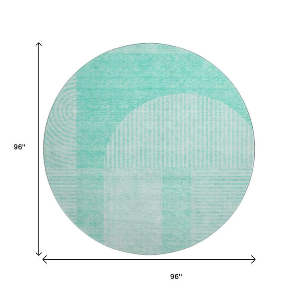 HomeRoots 8' Teal and Ivory Geometric Washable Round Rug – UV Protected, Stain Resistant, Perfect for High Traffic Areas 657284