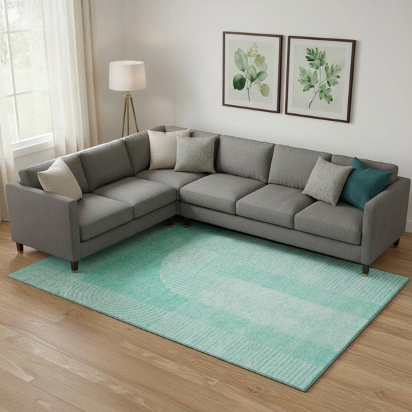 HomeRoots 8' X 10' Stylish Teal & Ivory Geometric Area Rug – Washable, UV Protected, Durable for High-Traffic Spaces 657285